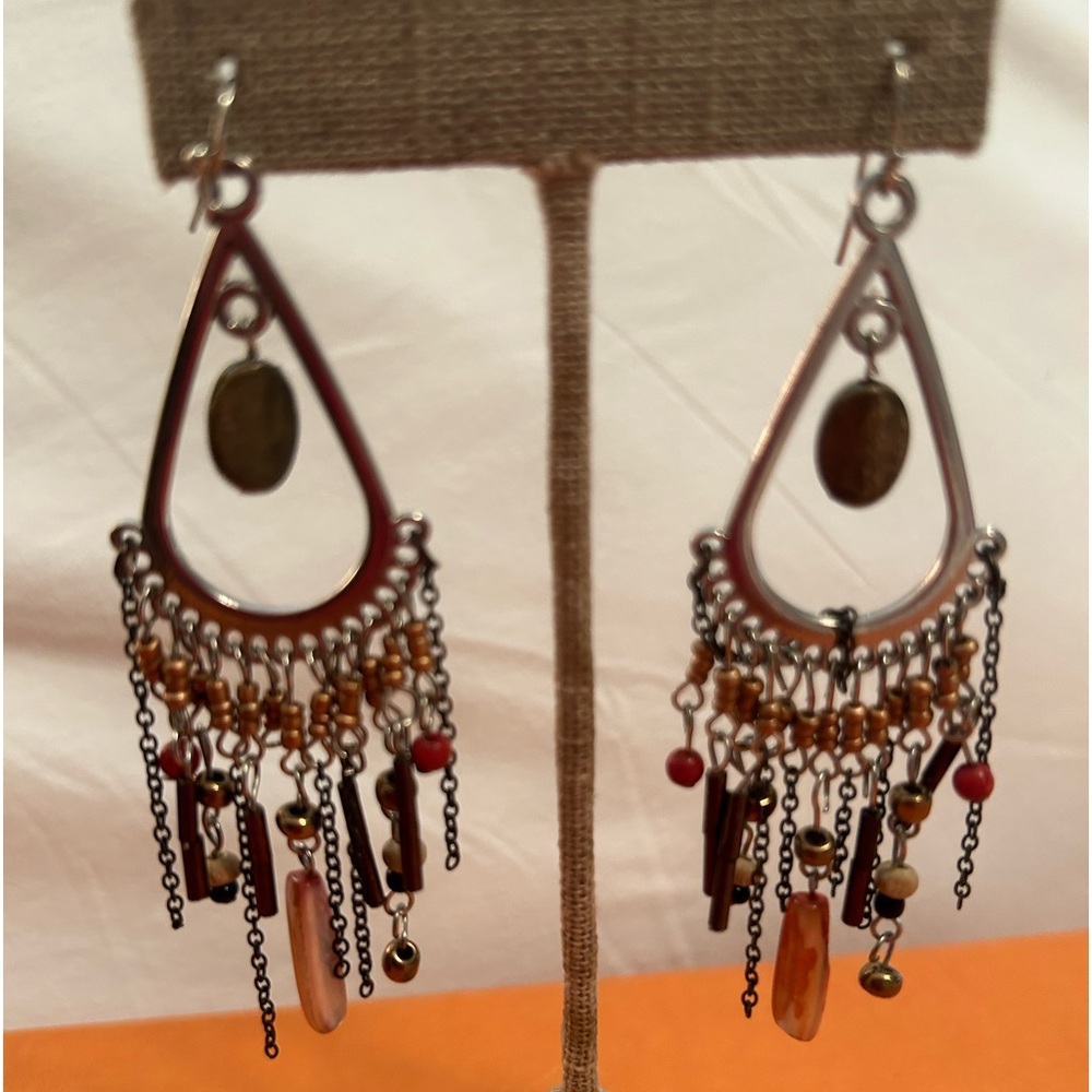 Vintage Bohemian Style Mixed Beads Dangle Silver Tone Dangle Earrings